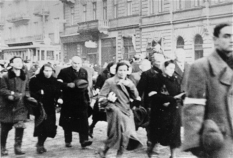 Jews who have been rounded-up for deportation in the Warsaw ghetto